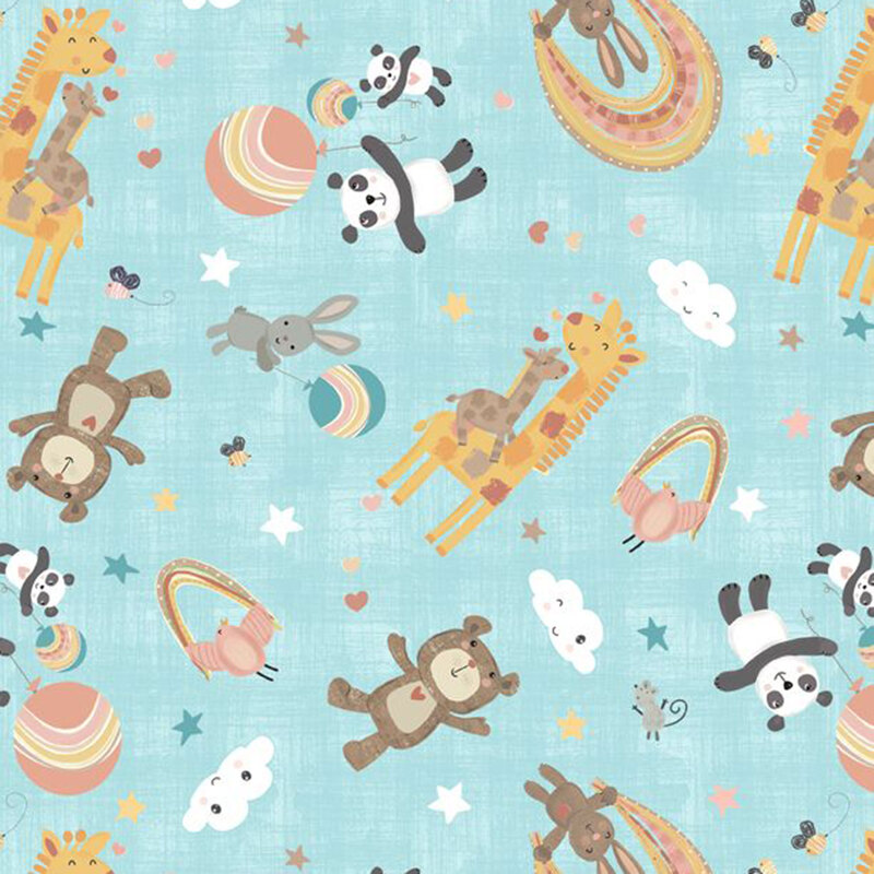 A sky blue fabric with tossed stylized animals with balloons, rainbows, stars, and white clouds.