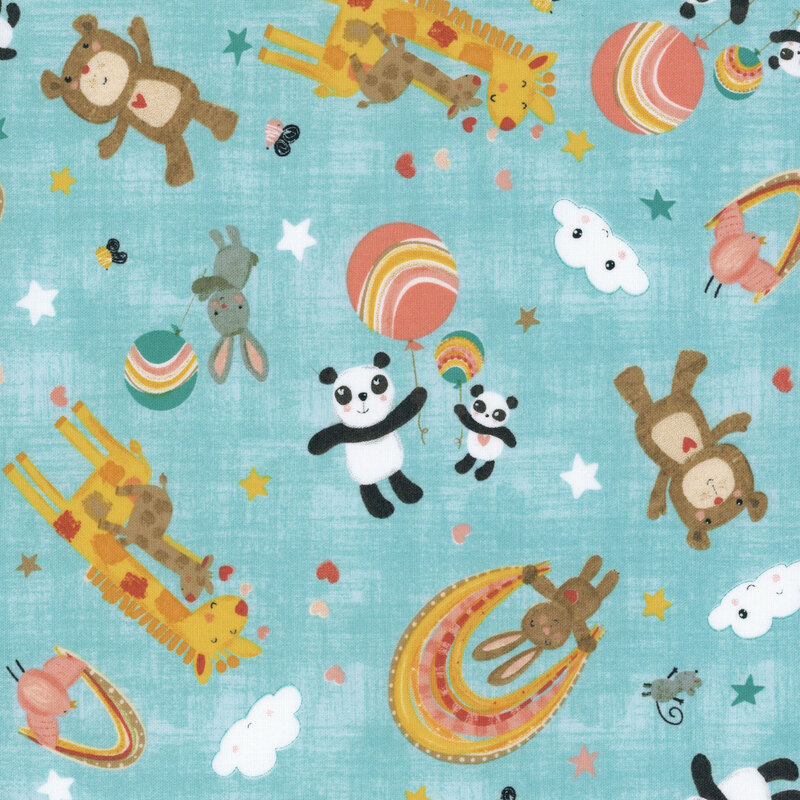 A sky blue fabric with tossed stylized animals with balloons, rainbows, stars, and white clouds.