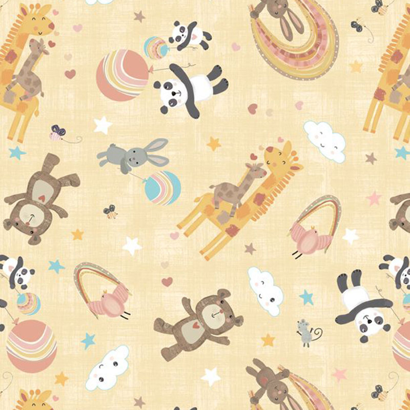 A pastel yellow fabric with tossed stylized animals with balloons, rainbows, stars, and white clouds.