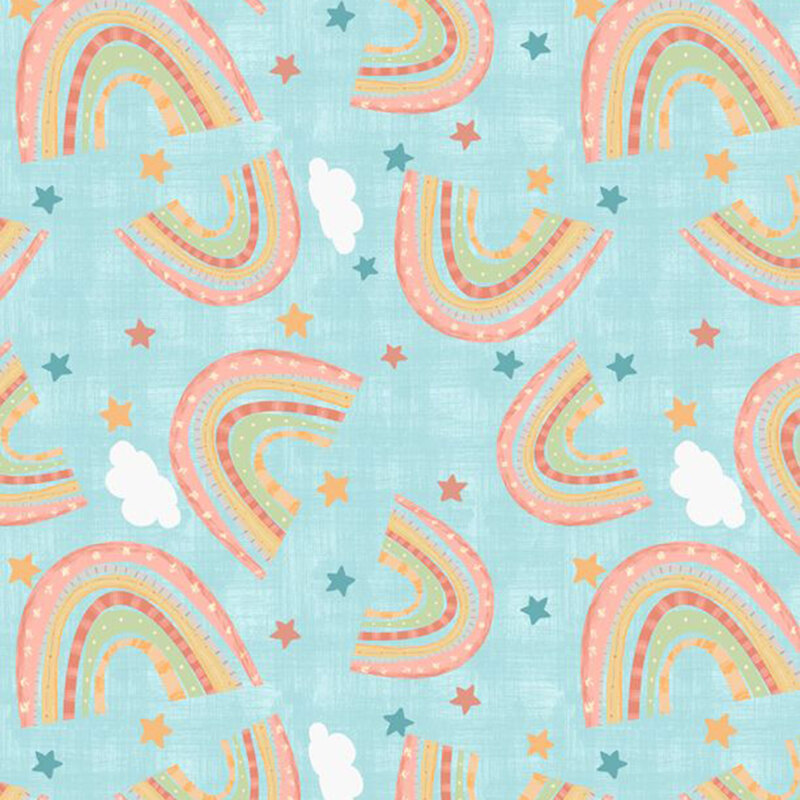 A sky blue fabric with tossed multicolor rainbows, stars, and white clouds.