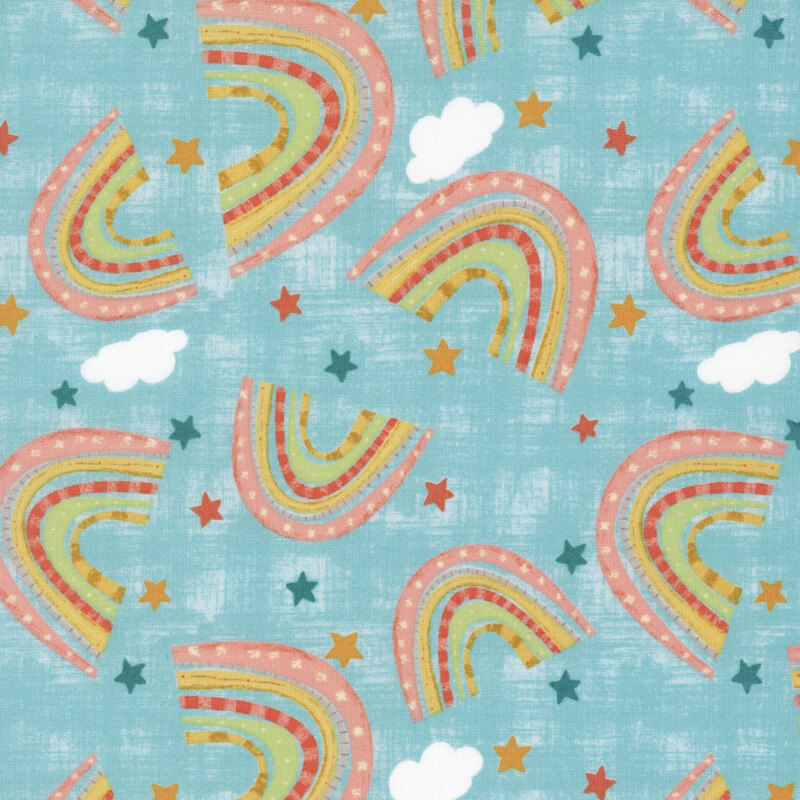 A sky blue fabric with tossed multicolor rainbows, stars, and white clouds.