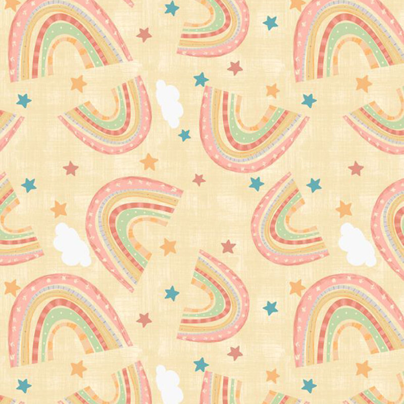 A pastel yellow fabric with tossed multicolor rainbows, stars, and white clouds.