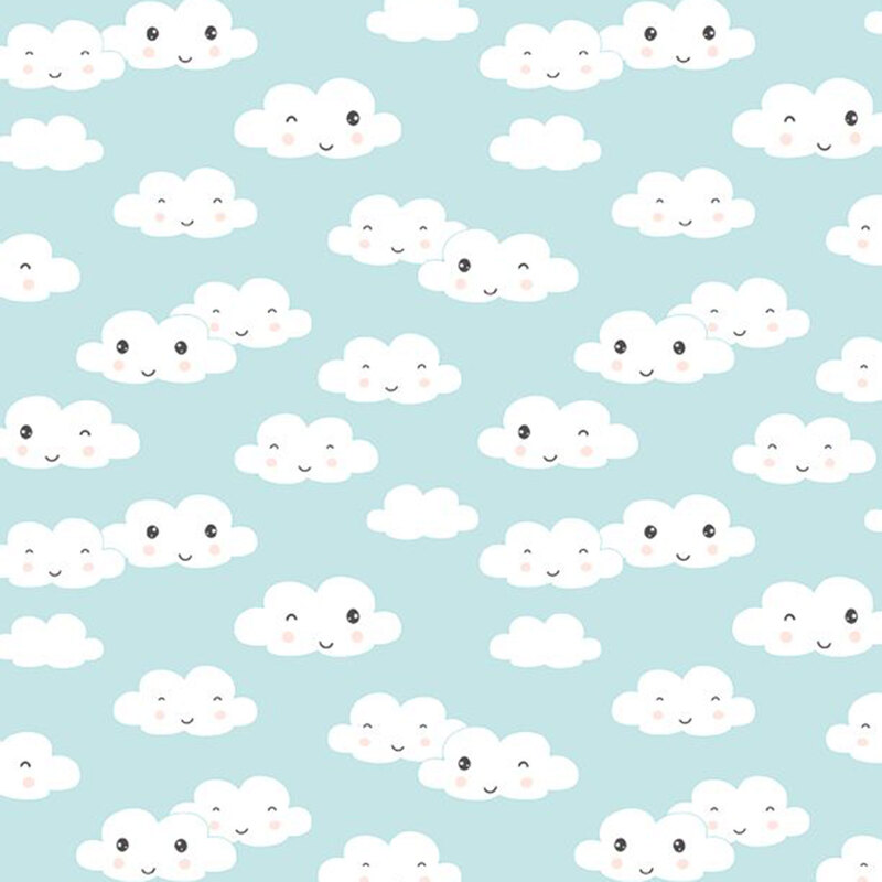 A sky blue fabric with tossed white clouds with cute smiling and winking faces.