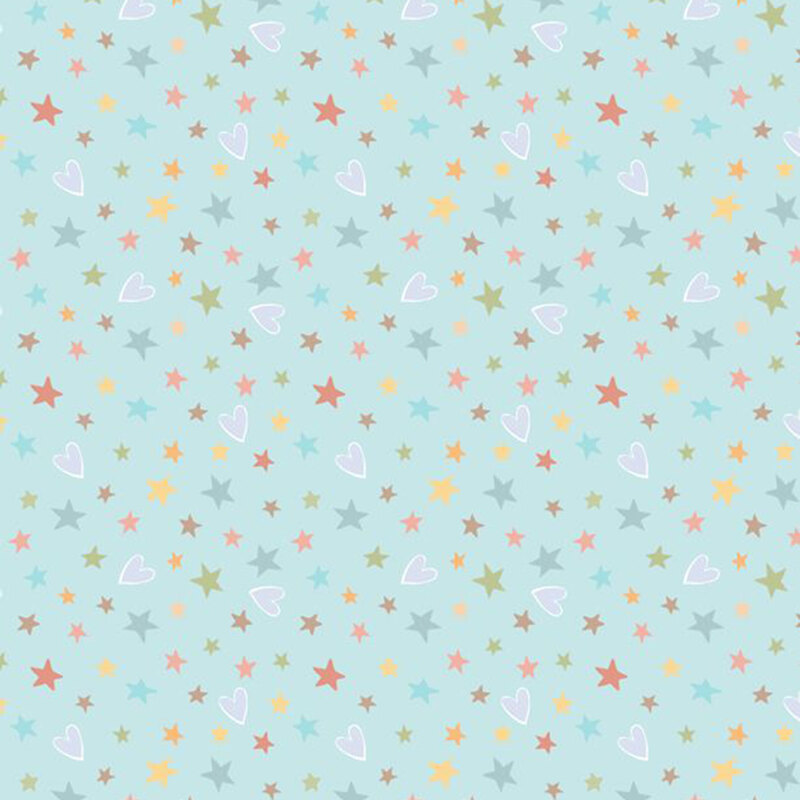 A pastel blue fabric with tossed multicolor stars and periwinkle hearts.