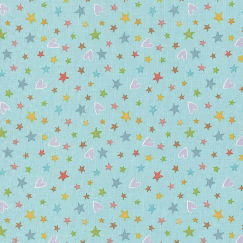A blue fabric with tossed multicolor stars and periwinkle hearts.