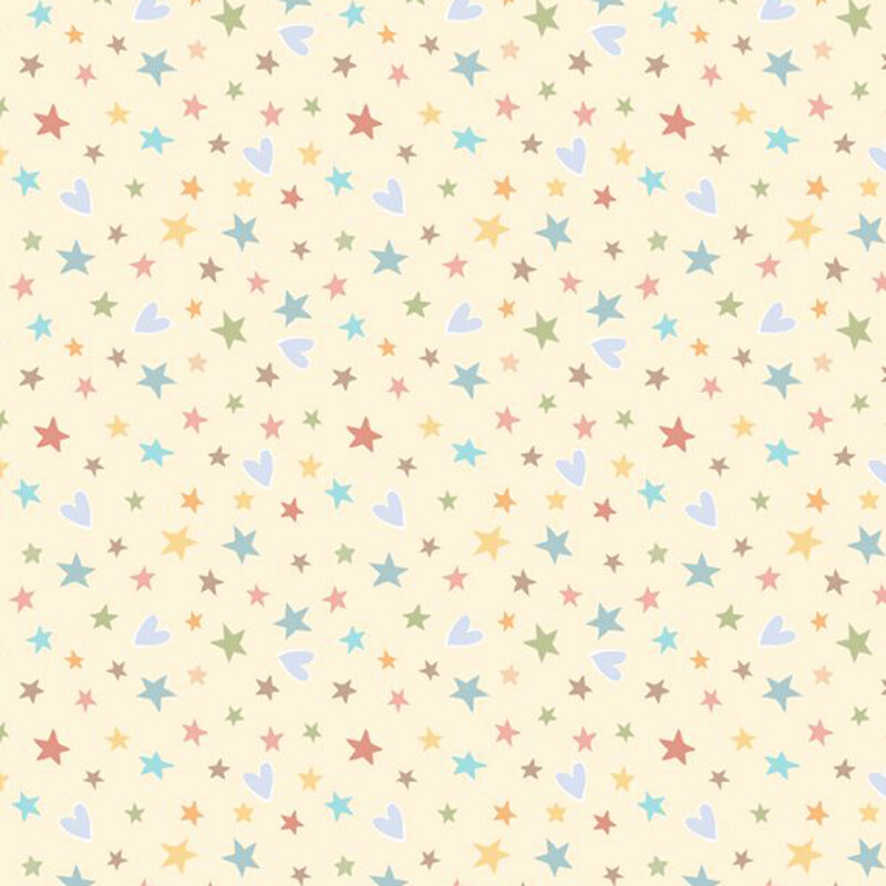 A pastel yellow fabric with tossed multicolor stars and periwinkle hearts.