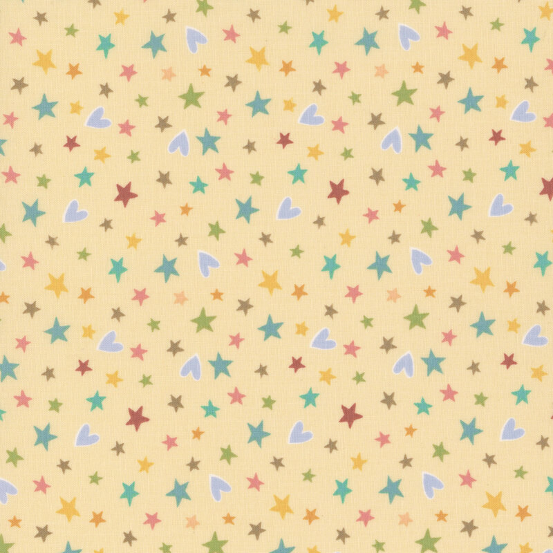 A golden yellow fabric with tossed multicolor stars and periwinkle hearts.
