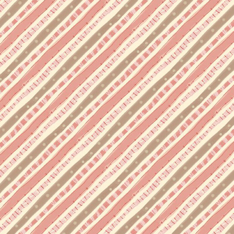 A pastel yellow fabric with squiggly diagonal stripes in brown and peach pink.