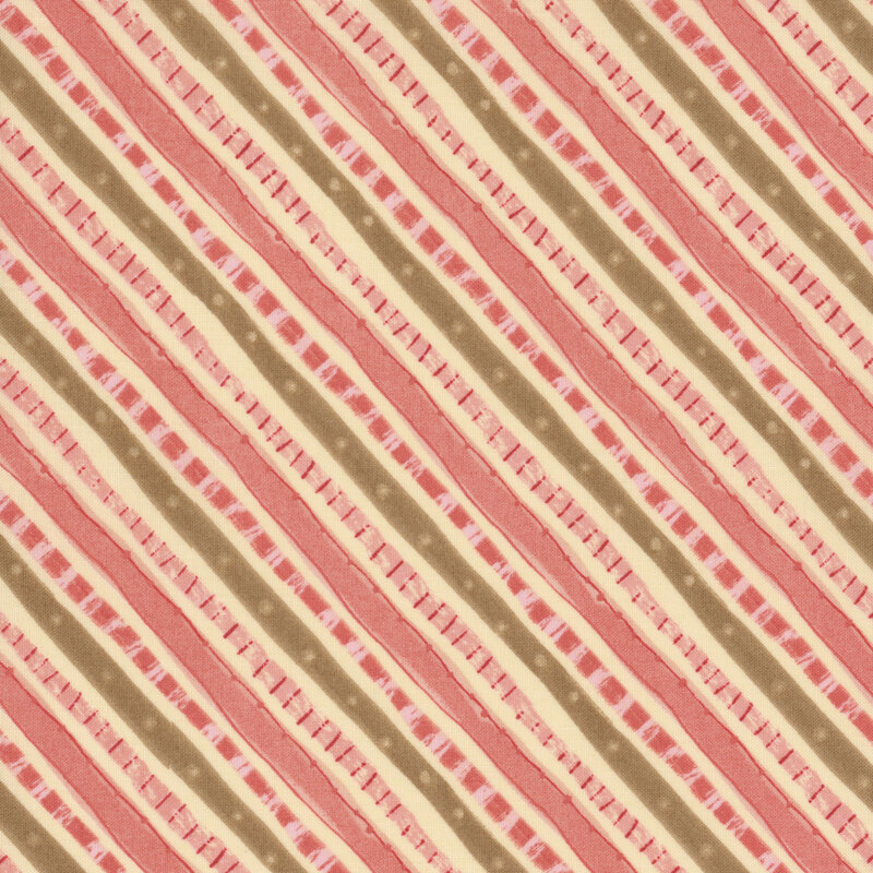 A light yellow fabric with squiggly diagonal stripes in brown and peach pink.