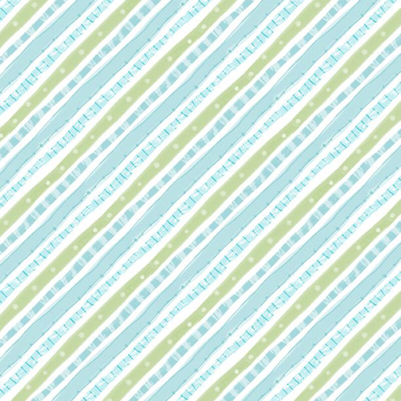 A white fabric with squiggly diagonal stripes in blue and green.