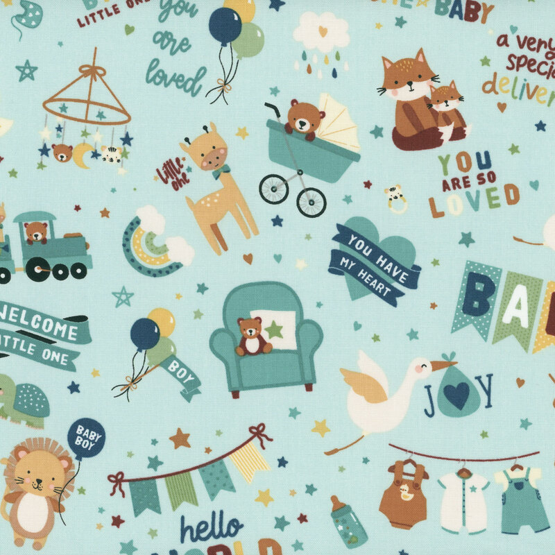 A playful baby-themed pattern featuring balloons, teddy bears, and positive messages on a light blue background