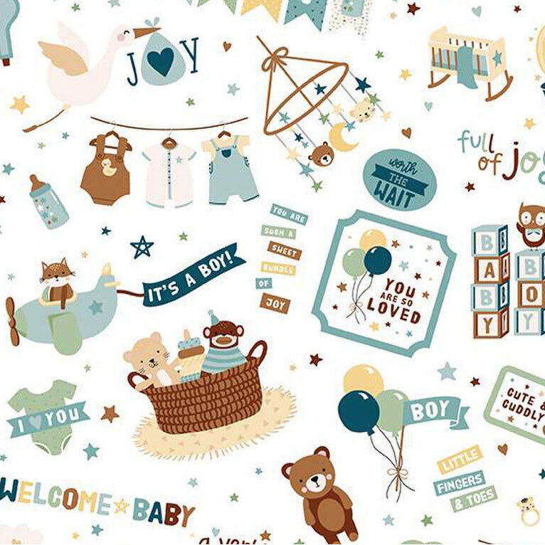 A playful baby-themed pattern featuring balloons, teddy bears, and positive messages on a white background.