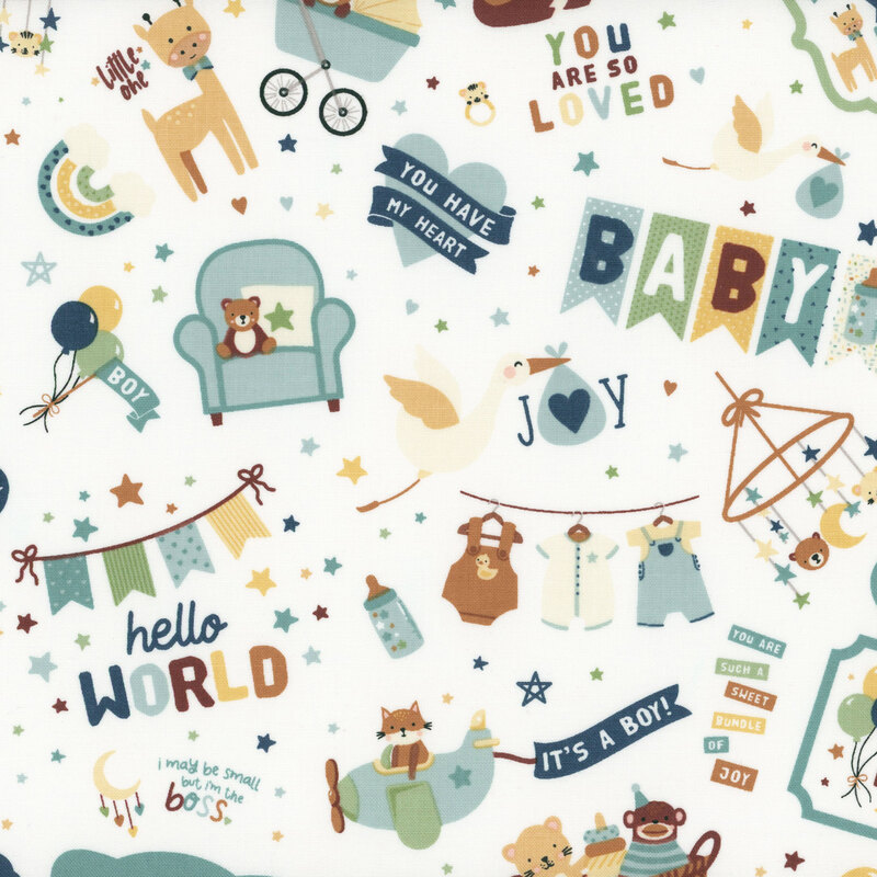 A playful baby-themed pattern featuring balloons, teddy bears, and positive messages on a white background.