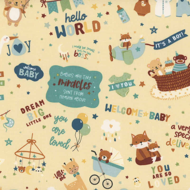 A playful baby-themed pattern featuring balloons, teddy bears, and positive messages on a pastel yellow background