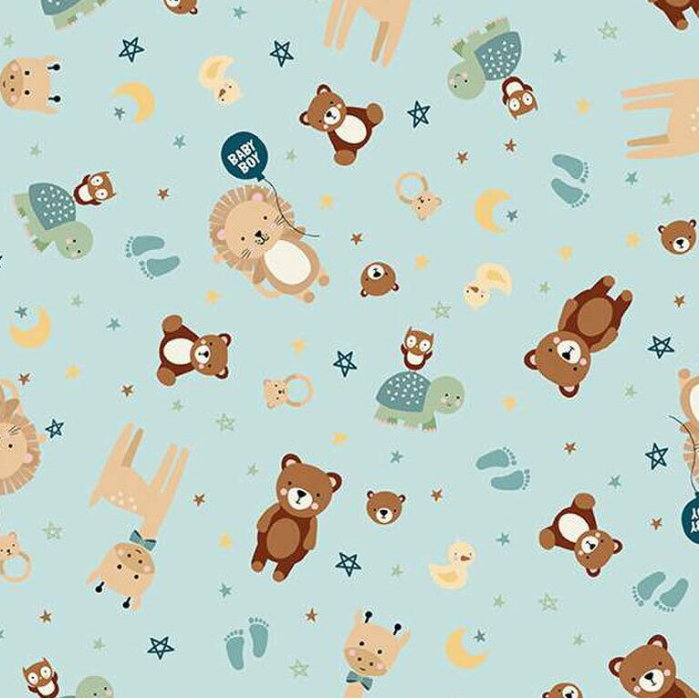 A light blue pattern featuring various cute animal illustrations, baby footprints, and stars.