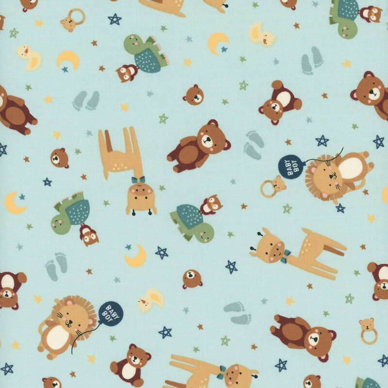 A light blue pattern featuring various cute animal illustrations, baby footprints, and stars.