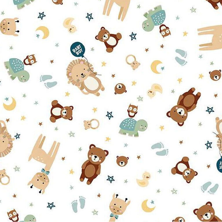 A white pattern featuring various cute animal illustrations, baby footprints, and stars.