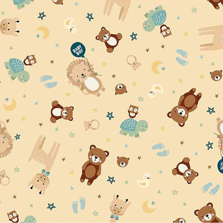 A  pastel yellow pattern featuring various cute animal illustrations, baby footprints, and stars.