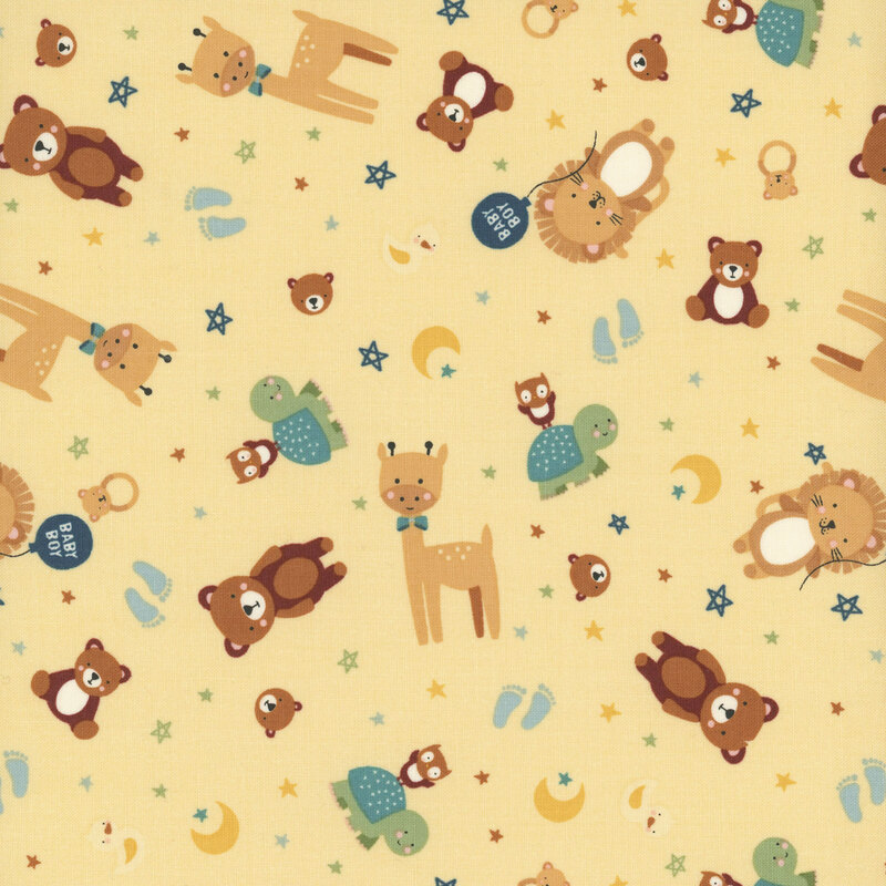 A  pastel yellow pattern featuring various cute animal illustrations, baby footprints, and stars.