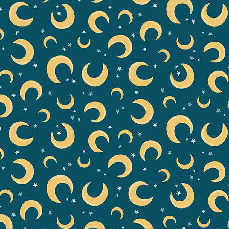 Pattern of golden crescent moons and stars scattered on a teal background.