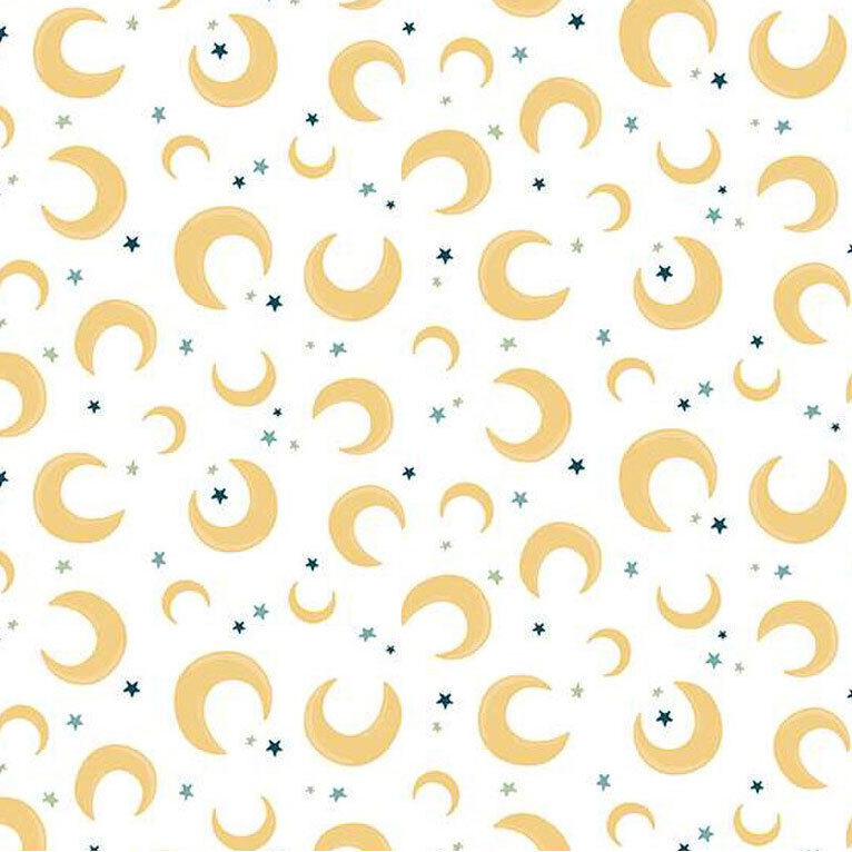 Pattern of golden crescent moons and stars scattered on a white background.