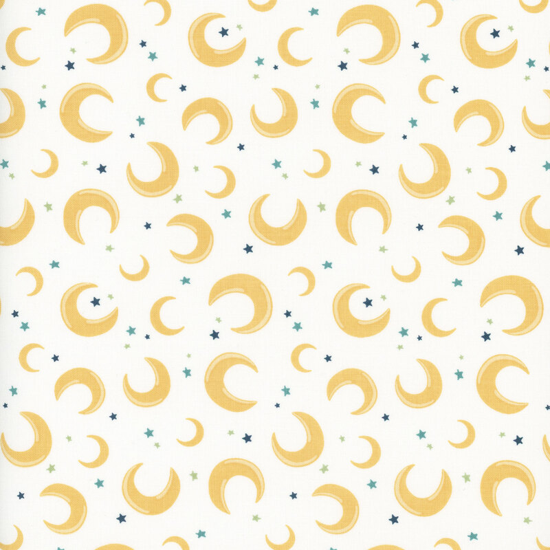 Pattern of golden crescent moons and stars scattered on a white background.