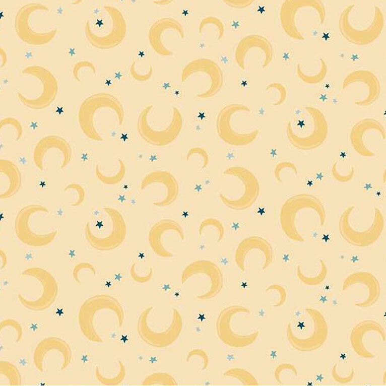 Pattern of golden crescent moons and stars scattered on a pastel yellow background.