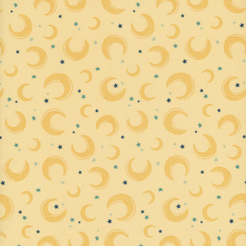 Pattern of golden crescent moons and stars scattered on a pastel yellow background.
