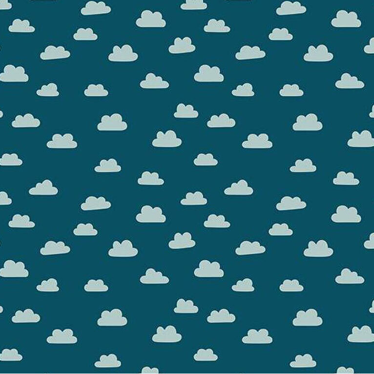 Teal fabric scattered with light blue clouds.