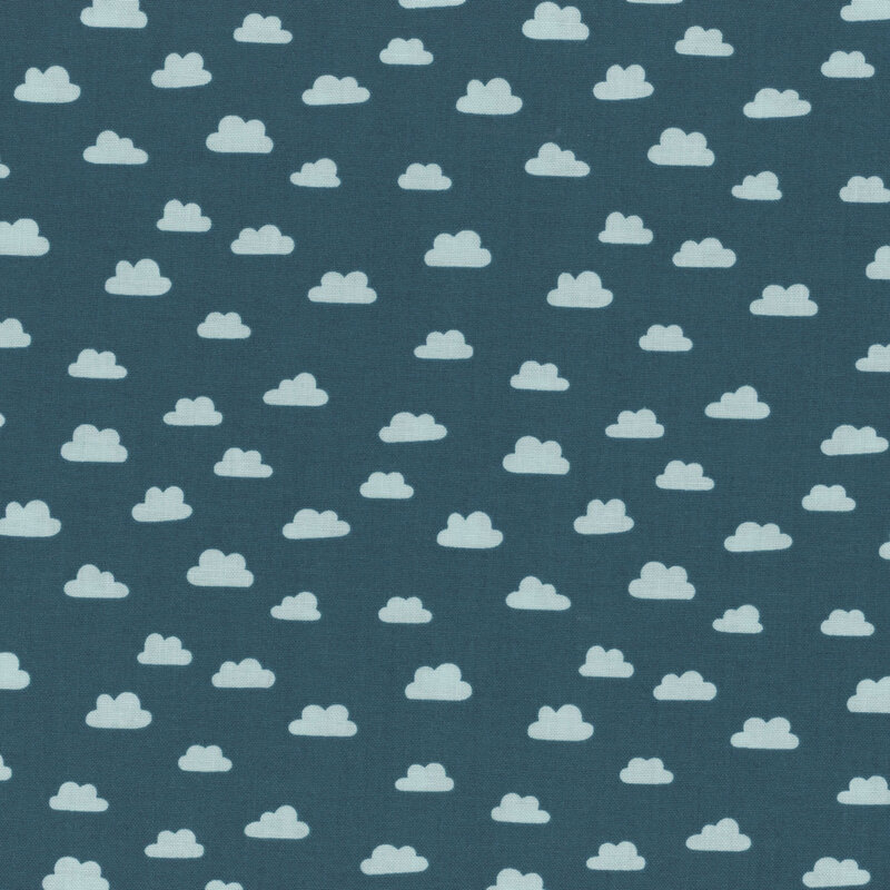 Teal fabric scattered with light blue clouds.