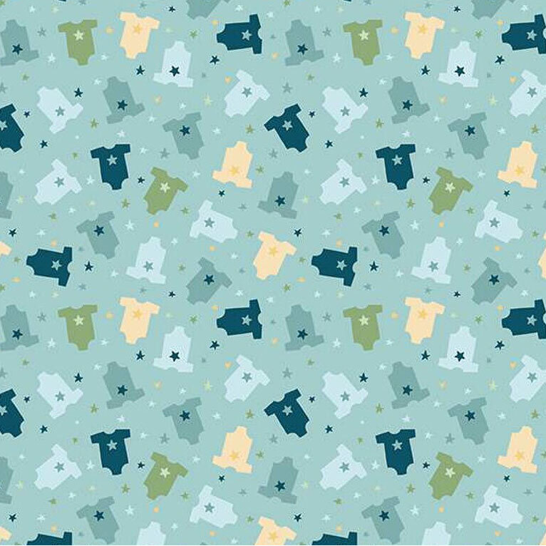 Fabric featuring a pattern of onesies in varying colors on a light blue background with stars.