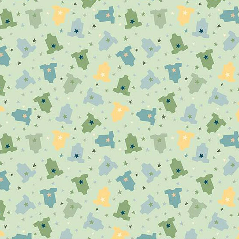 Fabric featuring a pattern of onesies in varying colors on a pastel green background with stars.