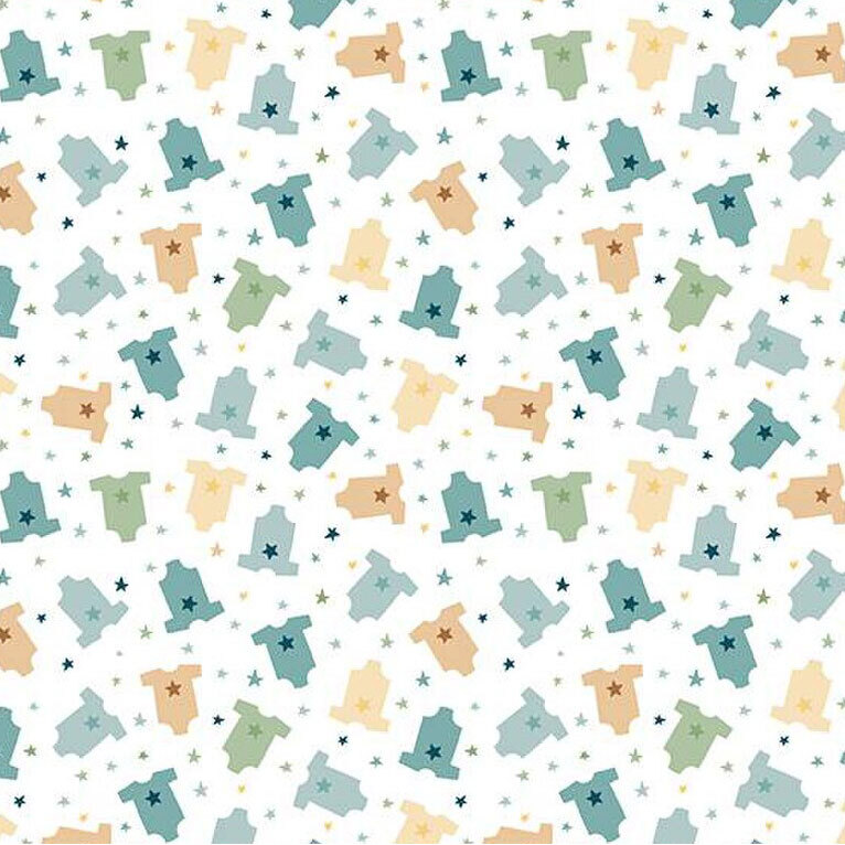 Fabric featuring a pattern of onesies in varying colors on a white background with stars.