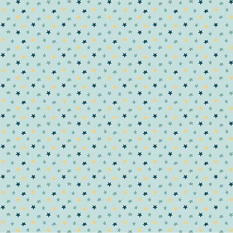 A pattern of small teal and yellow stars on a light blue background.