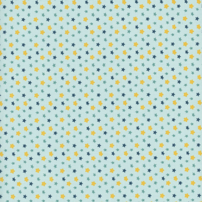A pattern of small teal and yellow stars on a light blue background.