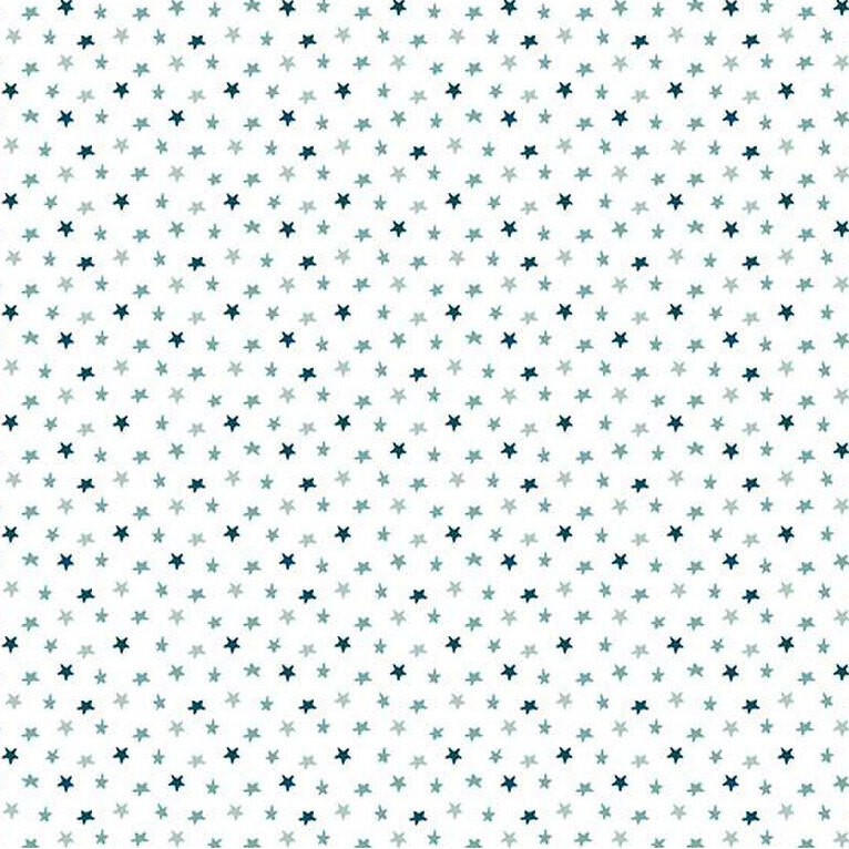 A pattern of small teal and blue stars on a white background.