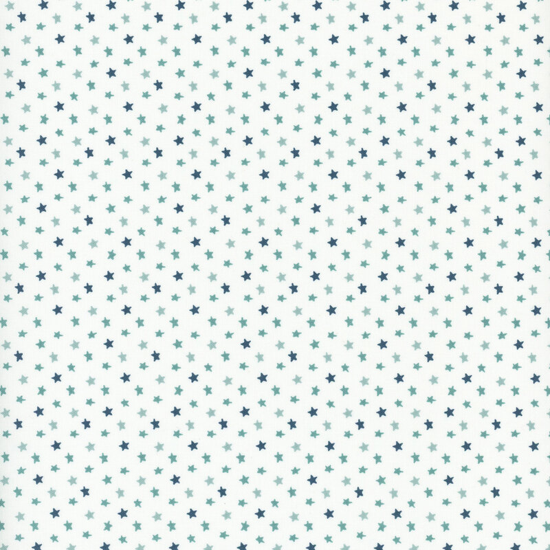 A pattern of small teal and blue stars on a white background.