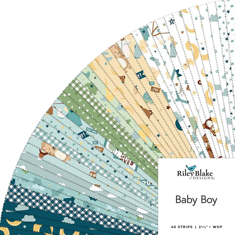 A collection of fabric strips in pastel colors and baby-themed patterns, labeled Baby Boy.