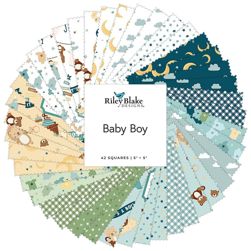 A circular arrangement of colorful fabric squares featuring baby-themed patterns, labeled Baby Boy.