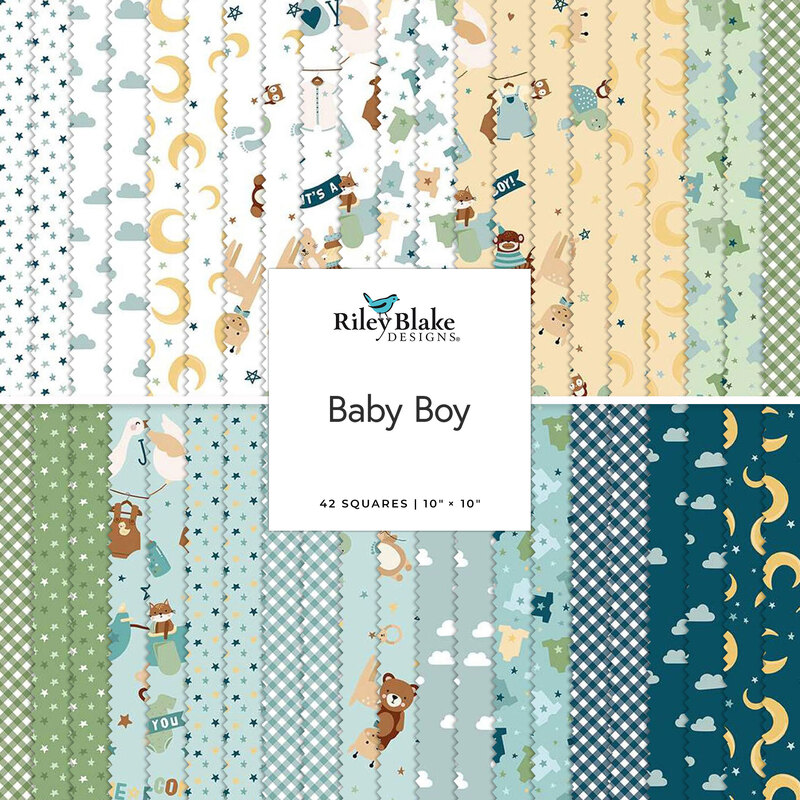 A collection of patterned fabric squares in pastel colors for baby boys, featuring animals and celestial themes.