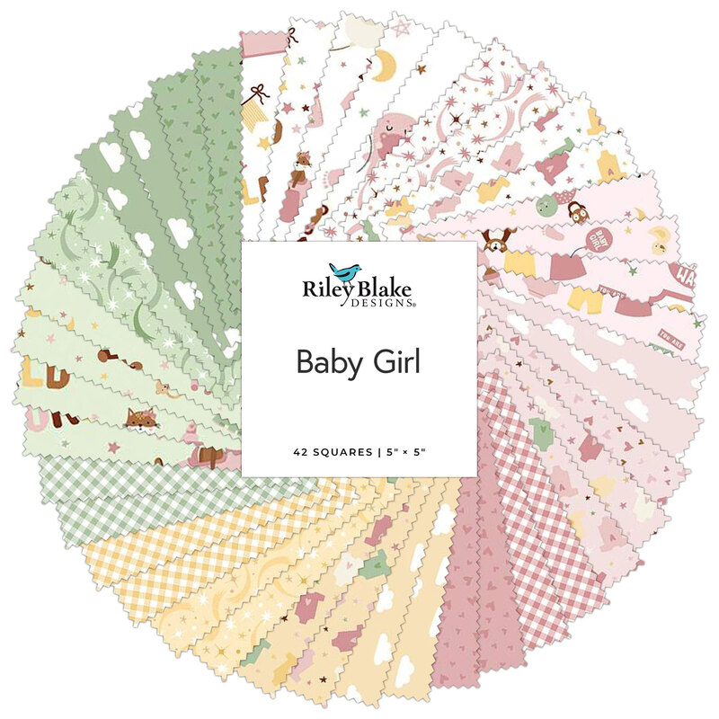 a spiral collage of new baby arrival fabrics with animals, stars, and cute motifs patterns 