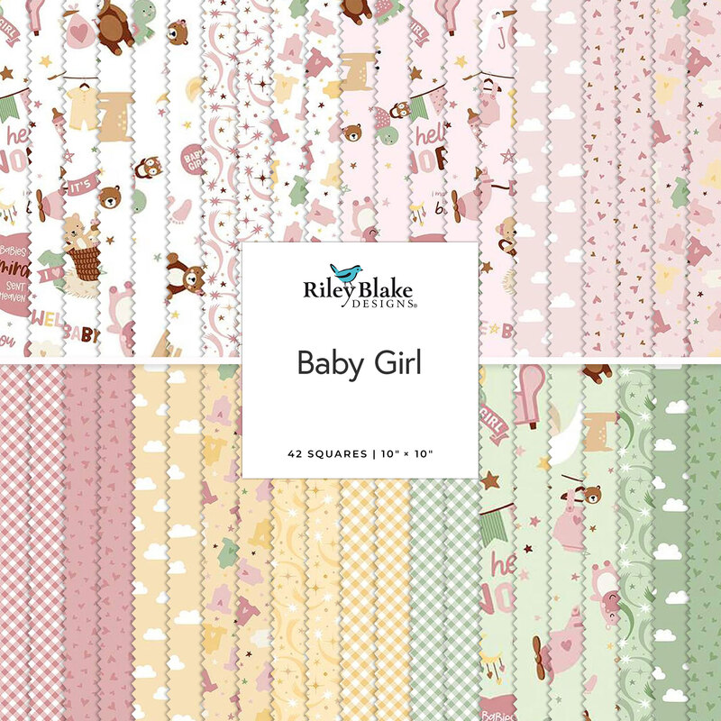 a stacked collage of new baby arrival fabrics with animals, stars, and cute motifs patterns 