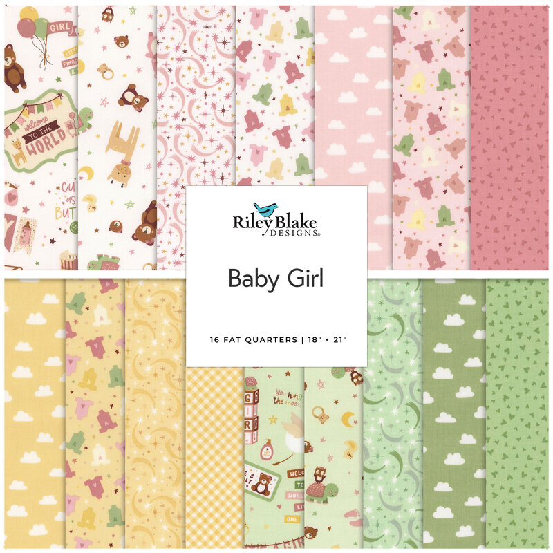 a stacked collage of new baby arrival fabrics with animals, stars, and cute motifs patterns 