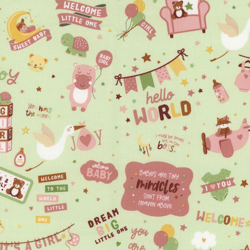 a celebration fabric pattern for a girl with pale pink, green, and yellow, on a light green background