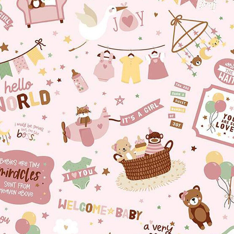 a celebration fabric pattern for a girl with pale pink, green, and yellow, on a pink background