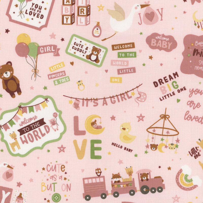 a celebration fabric pattern for a girl with pale pink, green, and yellow, on a pink background