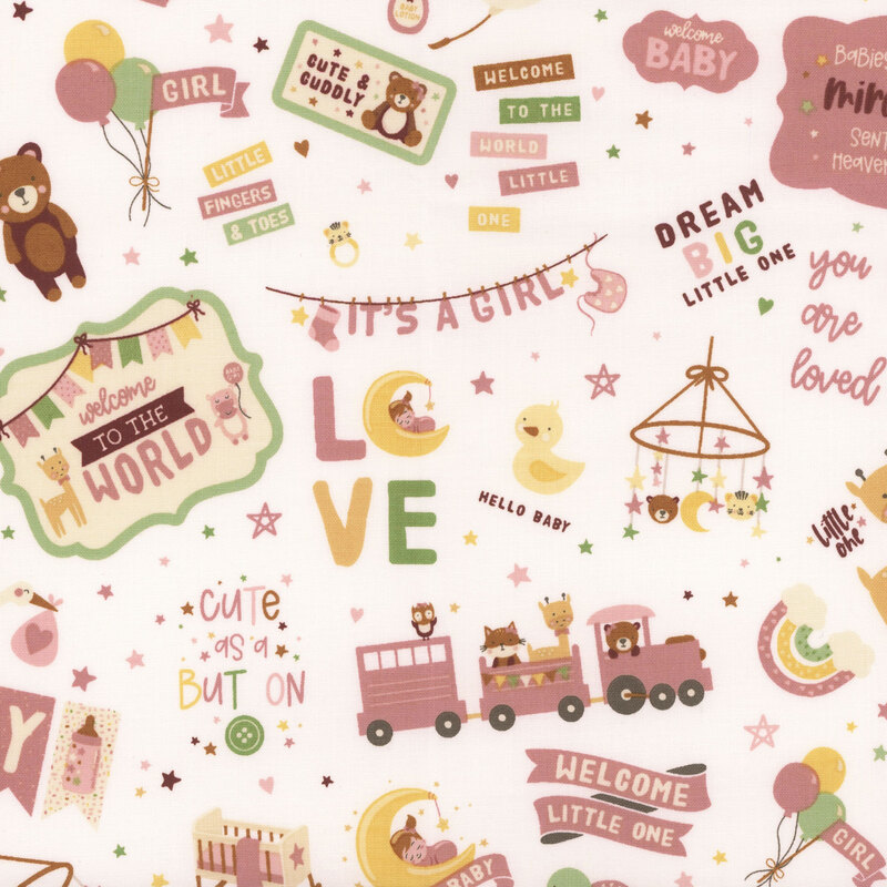 a celebration fabric pattern for a girl with pale pink, green, and yellow, on a white background