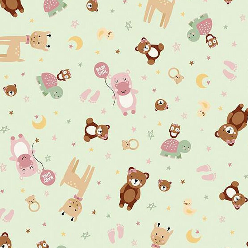 a fabric pattern of different animals celebrating a baby girl on a light green background