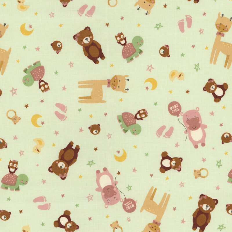 a fabric pattern of different animals celebrating a baby girl on a light green background