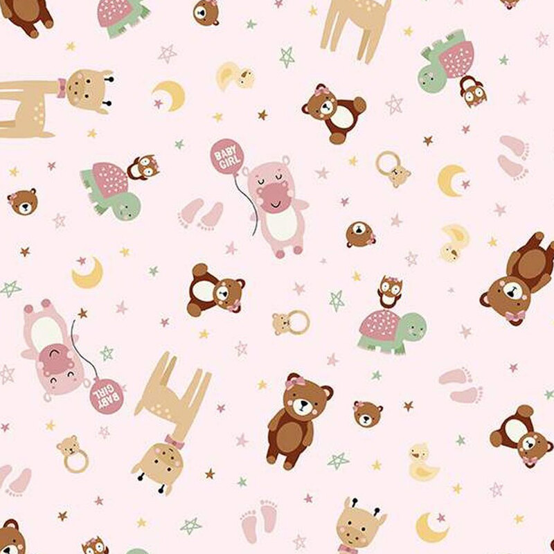 a fabric pattern of different animals celebrating a baby girl on a light pink background